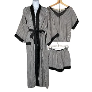 VTG Valentino Kimono Robe 3 Pc Set Black White Striped Pajama Old Hollywood Glam - Picture 1 of 24