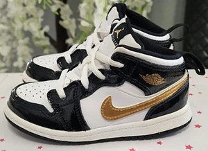 Nike Air Jordan 1 Mid SE Patent TD Size 9C ‘Black Gold' Metallic Gold BQ6933-007 - Picture 1 of 4