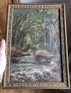 Antigua pintura al óleo vintage a bordo marco de flores al aire libre - Imagen 1 de 6