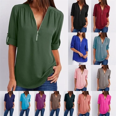 Ladies V Neck Tops Loose Blouse Long Sleeve Shirt Women Chiffon Tops Casual - Image 1 of 4