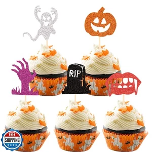 30 Pack Halloween Cupcake Toppers Glitter Tombstone Zombie Hand Vampire Ghost - Picture 1 of 5