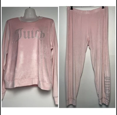 Juicy Couture Pink Velvet Rhinestone Sleepwear 2pcs set Women XL Stretch  y2k - Image 1 of 4