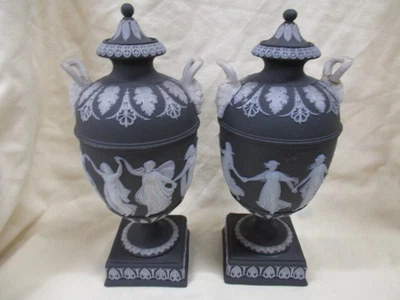 RARE Antique Pair Wedgewood Black Jasperware Lidded Urns with Dancing Hours - image 1 of 4