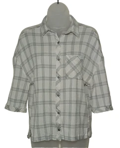 7 For All Mankind Crinkle Gauze Shirt Women's XL Plaid 3/4 Sleeve Collar Button - Picture 1 of 16