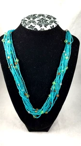 Multistrang Türkis Blau Halsband Mini Perlen und Metall Quadrat Perlen Sommer Vintage - Bild 1 von 4