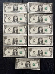 Lot Of 11 Sequential 1969 One Dollar Bills Notes $1 About Uncirculated (AU) - Picture 1 of 18