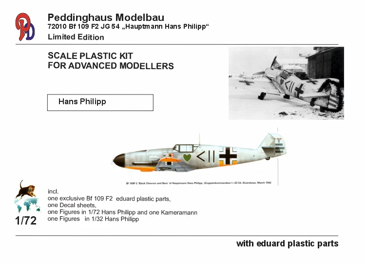 Peddinghaus-Decals Modellismo 72010 Hpt Hans Phiipp Bf109 F2 1/72 Plastica - Immagine 1 di 1