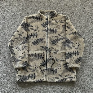 Vintage 90s Black Mountain Outdoor Fleece Jacket Size Large Full Zip Leaves AOP - Picture 1 of 7