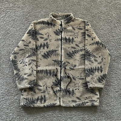 Vintage 90s Black Mountain Outdoor Fleece Jacket Size Large Full Zip Leaves AOP - Image 1 of 4