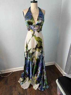 Vtg Jovani Silk Pageant Dress Maxi Gown 2 Halter Floral Y2K Fairy Flow Bead Glam - Image 1 of 4