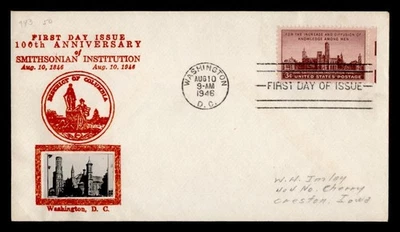 DR WHO 1946 FDC SMITHSONIAN INSTITUTE ANIV CROSBY CACHET #943 M59919 - Image 1 of 2