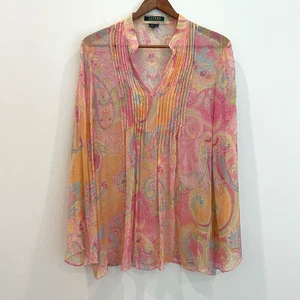 Top Lauren Ralph Lauren donna grande rosa paisley floreale seta blusa trasparente - Foto 1 di 12