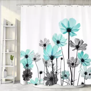 Shower Curtain, Rustic Elegant Floral Turquoise and Gray Daisy Flower Bathroom - Picture 1 of 12
