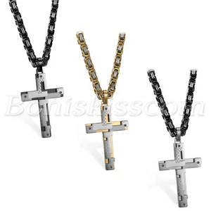 Men's Unique Christian Religious Cross Pendant Necklace Byzantine Square Chain - Picture 1 of 18