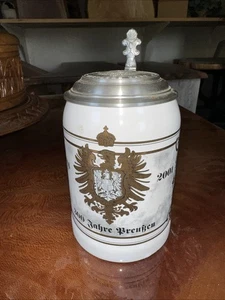 Raro boccale birra tedesco con coperchio da collezione che celebra 300 anni di Prussia - Foto 1 di 9