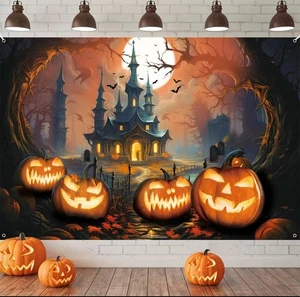 Spukhaus Halloween Banner Wanddeko gruselige Kürbisse Party Hintergrund - Bild 1 von 3