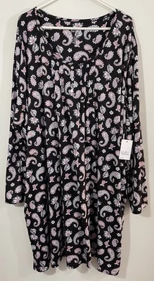 Croft Barrow nightgown womens large black pink paisley floral pocket long sl NEW - Image 1 of 4