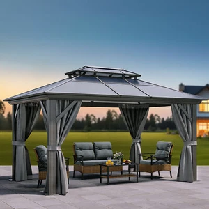 Outdoor 10'x12' Gazebo w/ Netting and Shaded Curtains, Garden Tent for Patio - Picture 1 of 5