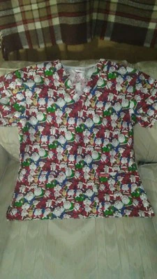 Peaches Santa Claus Christmas Scrub Top M 100% Cotton Naughty Or Nice Medical... - Image 1 of 4