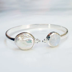 Pearl and Moonstone Bangle 925 Sterling Silver Pearl & Moonstone Bracelet-HB011 - Picture 1 of 3
