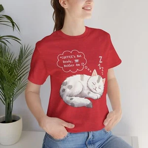 Women Jersey Short Sleeve Tee Cat Coffee T-Shirt Cute Girl Shirt Valentines Gift - Picture 1 of 18