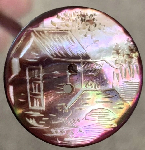 Antique Etched, Dyed Mother Of Pearl Button, Building Scene Cover