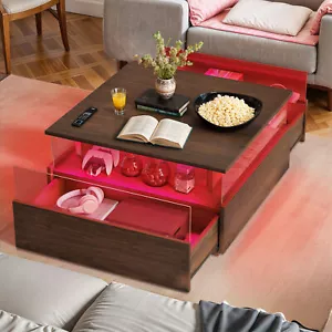 Coffee Table Multi-Color Adjustable RGB LED w/ 2 Sliding Drawers Hidden Storage - Picture 1 of 10