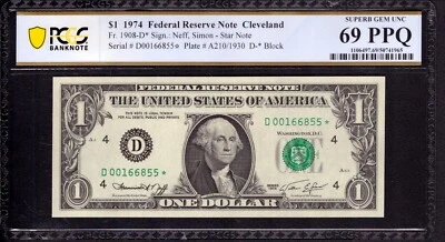 1974 $1 FRN CLEVELAND STAR NOTE FR.1908-D* TOP POP PCGS B SUPERB GEM 69 PPQ - Image 1 of 4