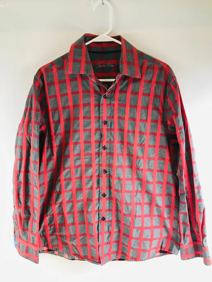 Tasso Elba Shirt Men's Size M 15-15.5 Red Gray Button Up Checkered Long Sleeve - Imagem 1 de 4
