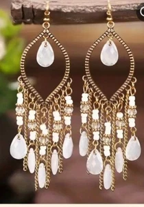 Bohemia Style White Long Beaded Waterdrop Dangle Tassel Hollow Earrings - Picture 1 of 1
