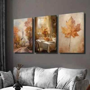 3pcs Autumn Leaves Town Landscape & Dinner Wall Art Canvas Framed 50x70cm - Picture 1 of 3