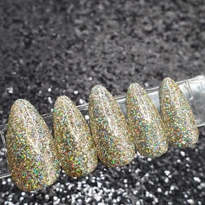 #177 Antique Silver Holo Glitter Press On Nails | Handmade | Hard Gel Glue on - Picture 1 of 10