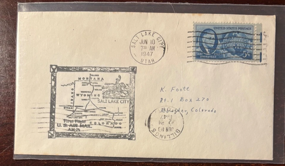 First Flight AM-74, Salt Lake City, UT cancel, 6/10/1947 - Image 1 of 1