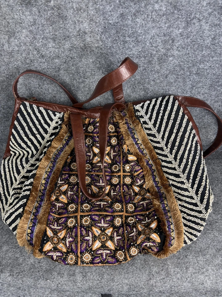 Anthropologie Beaded Shoulder Bag Womens Brown Leather Strap Zebra Boho Fringe - Image 1 of 4