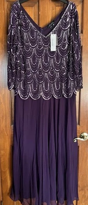 J Kara Women's Sleeveless Scallop Long Beaded Dress With Scarf Size 18 Plum - Image 1 of 4