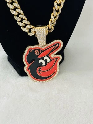 BALTIMORE ORIOLES GEM NECKLACE Gold Bling Pendant & 24” Chain, US SHIP - Image 1 of 2