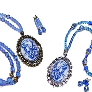Blue on blue Cameo long necklace, vintage style, optional earrings - Bild 1 von 5