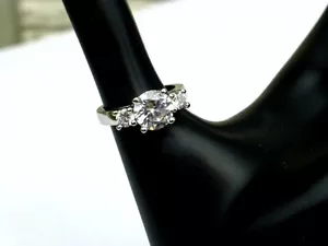 Sterling Silver Large Round Cubic Zirconia Ring With 2 Smaller C.Z.'s, Size 6 - Picture 1 of 5