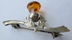 Vintage STERLING SILVER & CITRINE GLASS THISTLE brooch pin for collar, hat flash - Picture 1 of 13