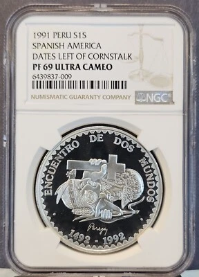 1991 PERU SILVER 1 SOL SPANISH AMERICA NGC PF 69 ULTRA CAMEO RARE TOP POP - Image 1 of 3