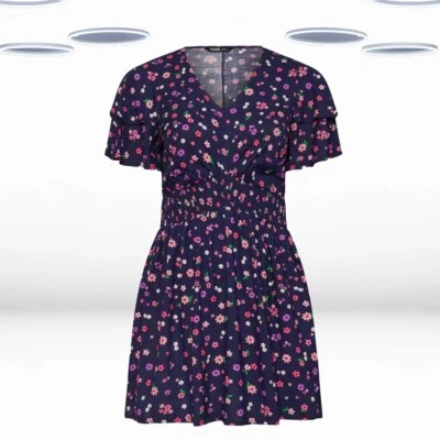 Ex Women's Plus Size Flutter Sleeve Ditsy Print Peplum Top in Navy (Defect) - Image 1 of 4