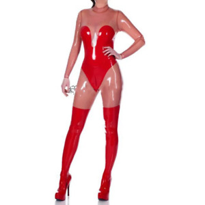 Latex Gummi Catsuit Red &Transprent Joined together Bodysuit Customized Handmade