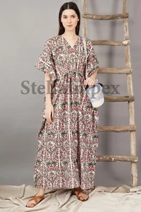 Indian Handmade Beautifull Cotton Kaftan Elegant Pink & Green Floral Long Caftan - Picture 1 of 6