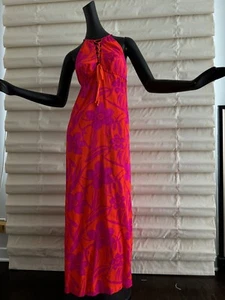 Vtg 60 70 Hawaiian Maxi Dress Tiki Oasis Pink Orange Barkcloth Sun Summer Halter - Picture 1 of 5