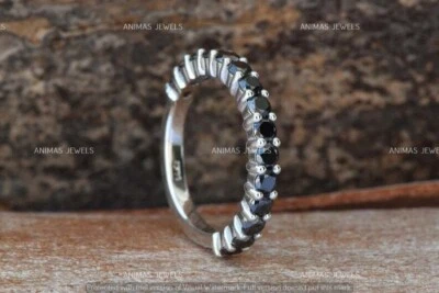 1ct Lab Created Black Spinel Half Eternity Wedding Band Real 925 Sterling Silver - Image 1 of 3