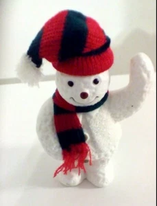 Sparkling Snowman Figurine Red Black Knitted Scarf Hat 4" Tall - Picture 1 of 5