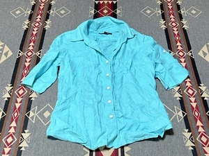 Lafayette 148 Teal Linen Short Sleeve Button Shirt Sz 8 T2 - Picture 1 of 8