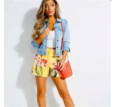 ¡¡NUEVO!! Pantalones cortos para mujer Guess amarillo verde estampado floral de palma talla 4 Foto 1 de 4
