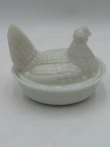 Vintage White Milk Glass Nesting Chicken on Egg Basket Candy Dish 5.5” - Picture 1 of 7