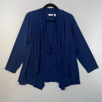 Cárdigan para mujer Susan Graver 3X azul marino frente abierto corte láser dobladillo chaqueta Foto 1 de 4